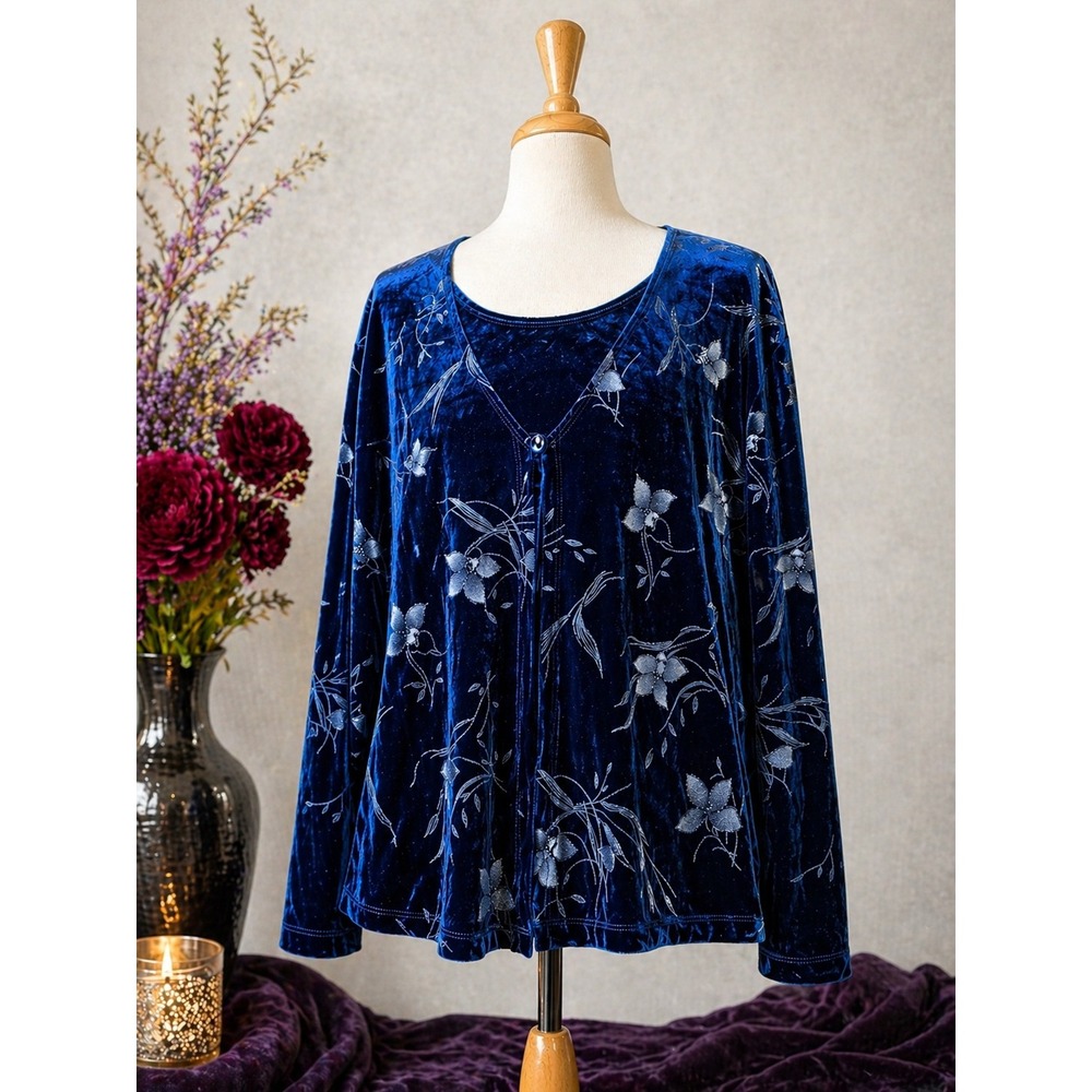 Blue Velvet Floral Cardigan 3X Soft Drapey Romantic Goth Lagenlook Made Canada